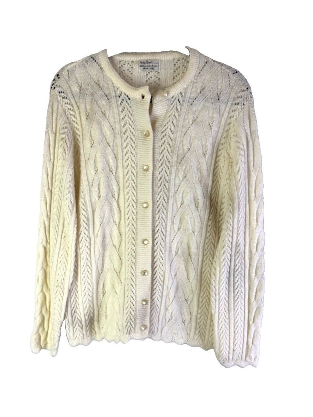 Vintage 60s Cardigan Sweater White Open Cable Knit Granny Grandma